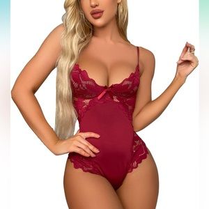 Burgundy One Piece Lingerie Set, lace bodysuit